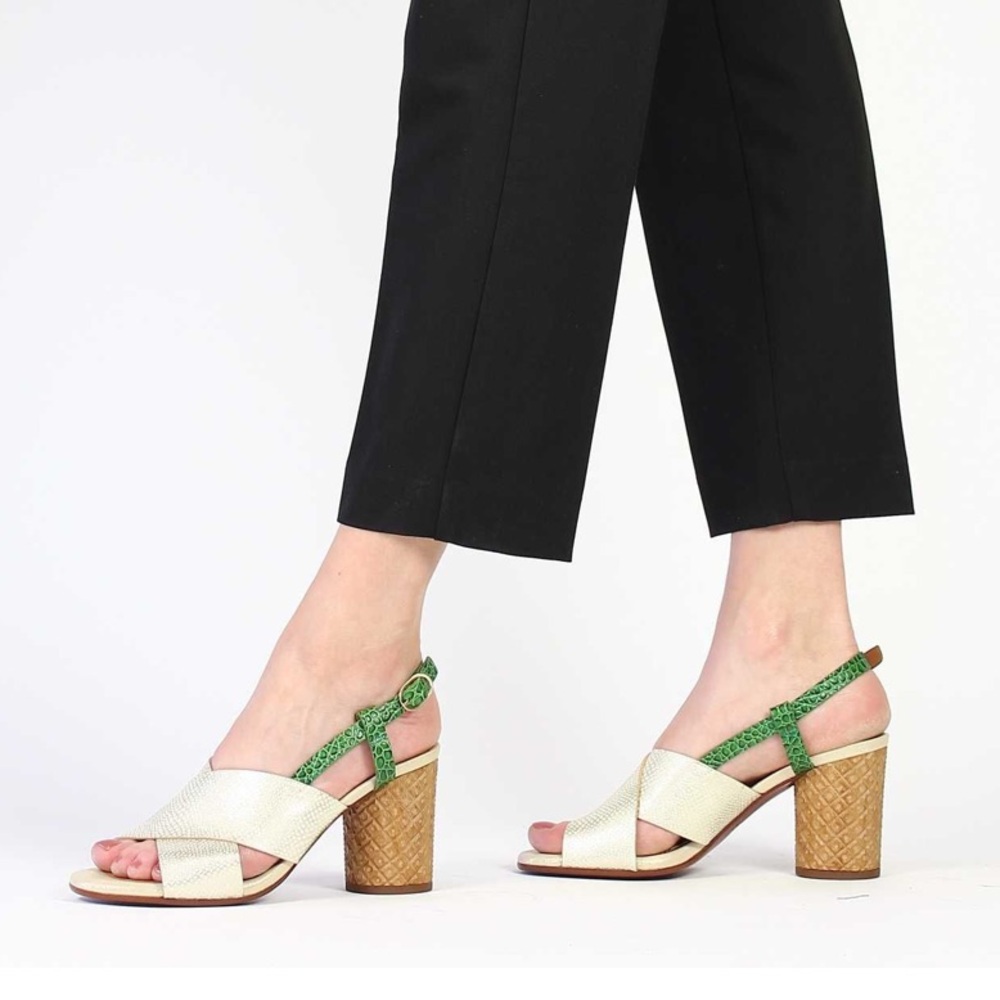 Chie Mihara Cream and Green Textured Heels